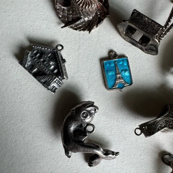 9pc Sterling Silver and silver tone travel charm collection bundle